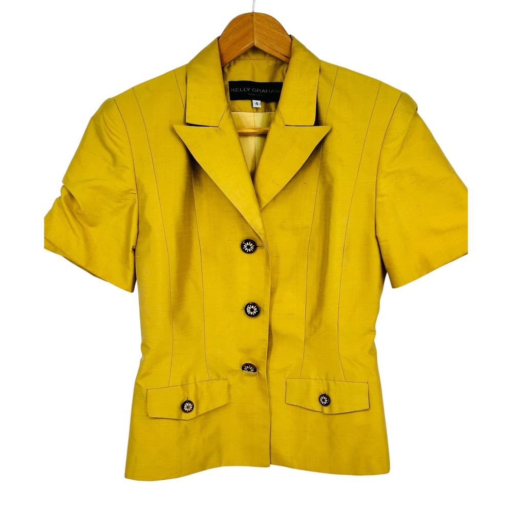 Kelly Graham New York Blazer Jacket Short Sleeve Raw Silk Yellow Gold Size 4